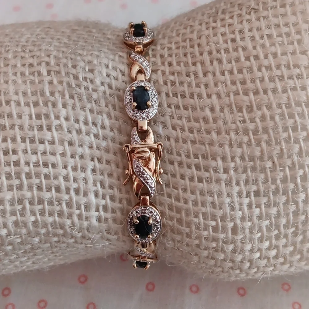 CZ Gold Tone 925 Silver Blue Rhinestone  Bracelet